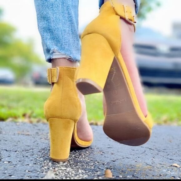 Mustard Yellow Womens Suede Block Heel Sandals with Ankle Strap & Side Buckle